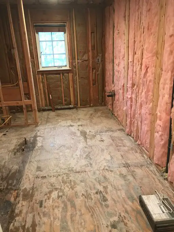 Bathroom gutted to the studs with insulation exposed before remodeling