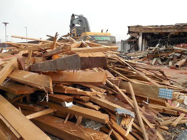 Pile of lumber and debris from a demolition project