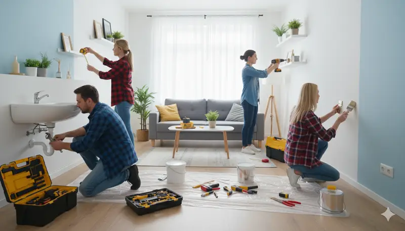 Home improvement crew working inside a Knox County living room